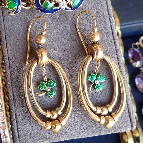 Victorian Enamel Shamrock & Diamond Earrings
