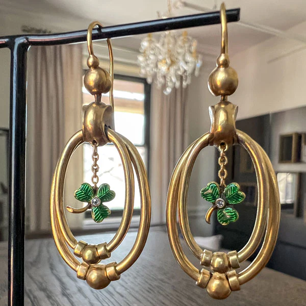 Victorian Enamel Shamrock & Diamond Earrings - Image 2