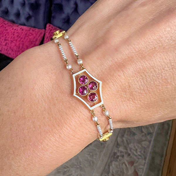 Antique Victorian Garnet & Enamel Link Bracelet