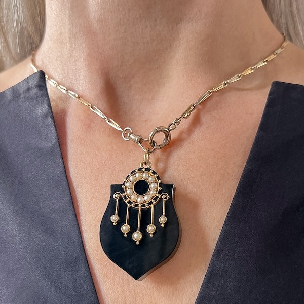 Victorian Onyx & Pearl Locket Backed Pendant