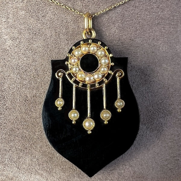 Victorian Onyx & Pearl Locket Backed Pendant - Image 2