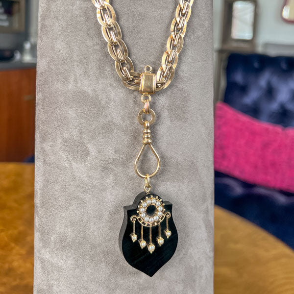 Victorian Onyx & Pearl Locket Backed Pendant - Image 3