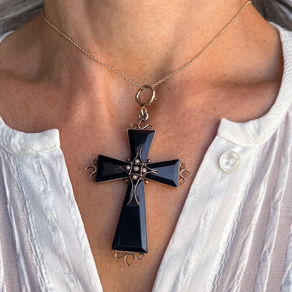 Antique Victorian Pearl & Onyx Cross - Image 2
