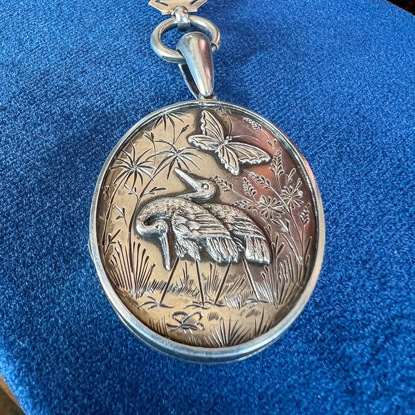 Victorian Silver Crane Locket & Collar - Image 2