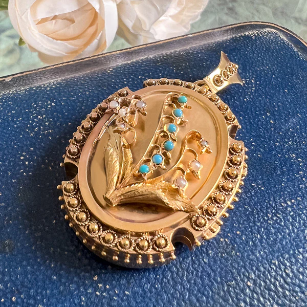 Victorian Turquoise & Pearl Lily of the Valley Locket - Image 4