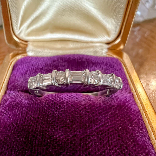 Vintage Baguette & Round Diamond Wedding Band Ring, Size 7