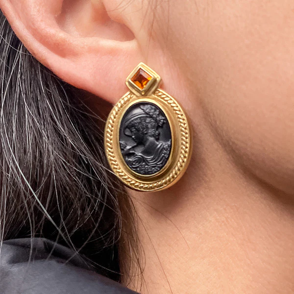 Vintage Onyx Cameo Earrings - Image 2