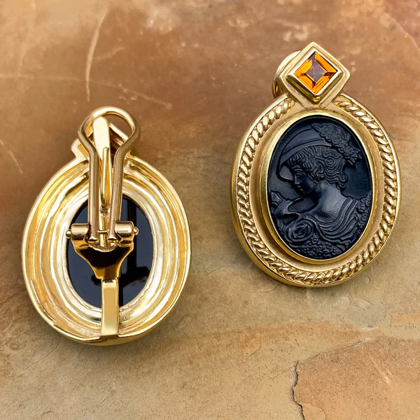 Vintage Onyx Cameo Earrings - Image 3