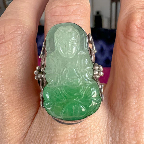 Vintage Carved Buddha Jade Ring - Image 2