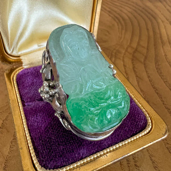 Vintage Carved Buddha Jade Ring - Image 3
