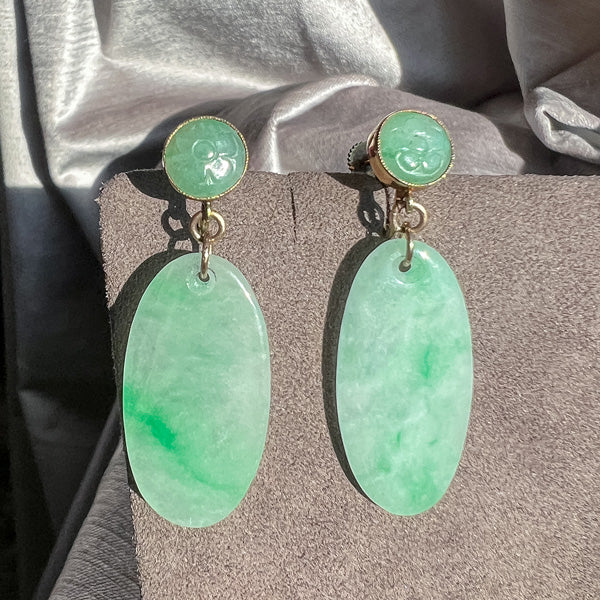 Vintage Carved Jade Drop Earrings - Image 2