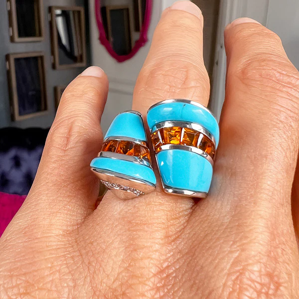 Vintage Citrine, Turquoise & Diamond Ring - Image 2