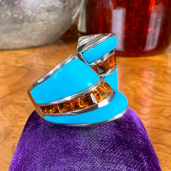 Vintage Citrine, Turquoise & Diamond Ring - Image 3