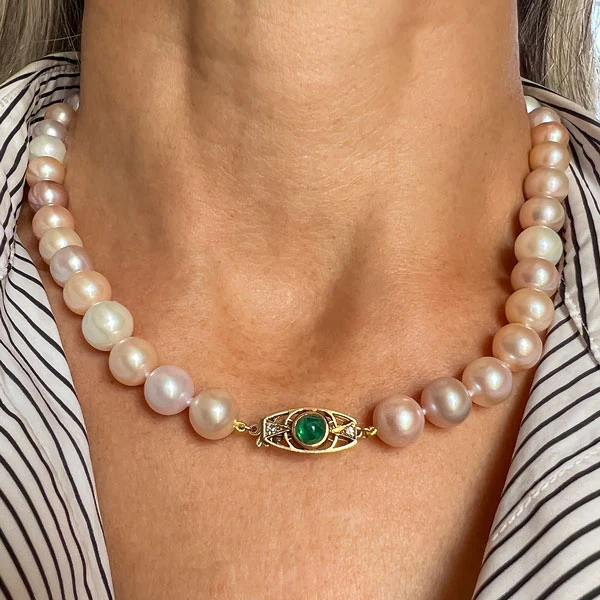 Vintage Cultured Pearl Necklace, Emerald & Diamond Clasp - Image 2