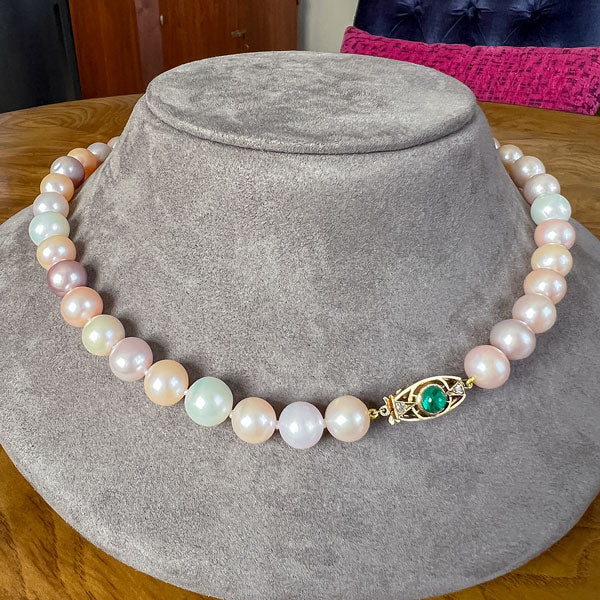 Vintage Cultured Pearl Necklace, Emerald & Diamond Clasp - Image 3