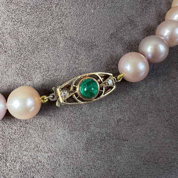 Vintage Cultured Pearl Necklace, Emerald & Diamond Clasp - Image 4