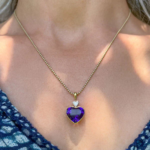 Vintage Diamond & Amethyst Heart Pendant - Image 2