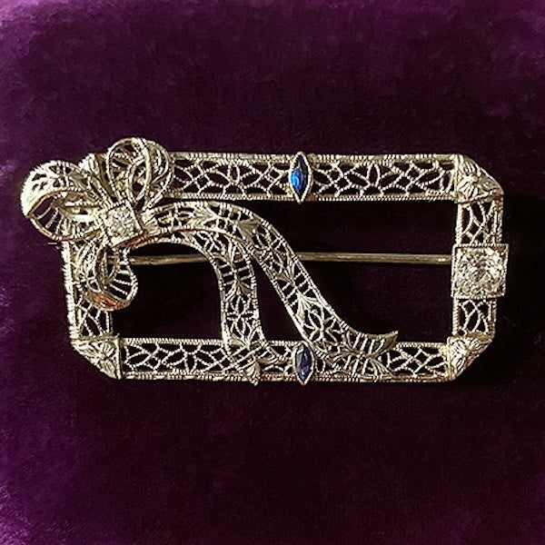 Vintage Diamond & Sapphire Filigree Pin