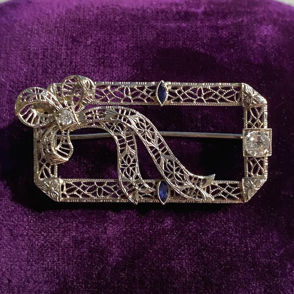 Vintage Diamond & Sapphire Filigree Pin - Image 2