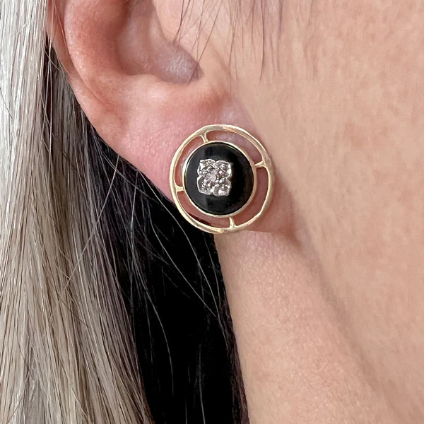 Vintage Diamond and Onyx Earrings - Image 2