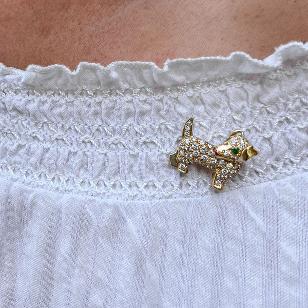 Vintage Diamond Emerald & Ruby Dog Pin - Image 2