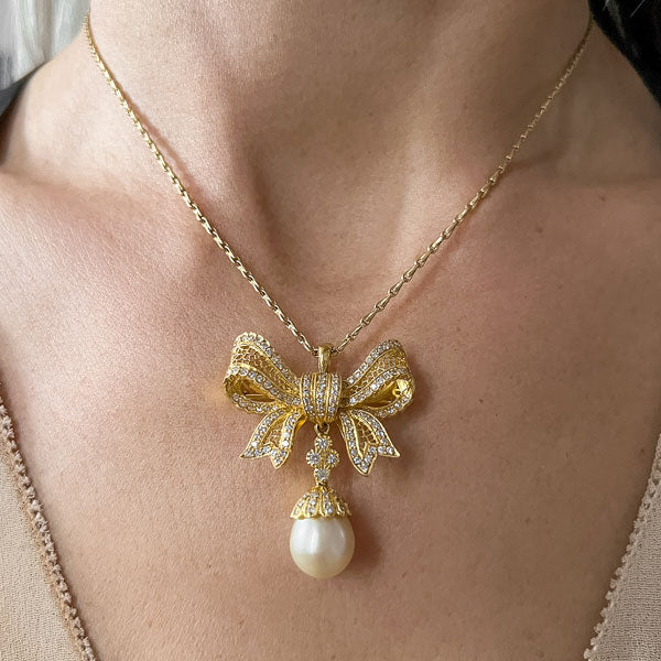 Vintage Diamond & Pearl Drop Bow Pendant