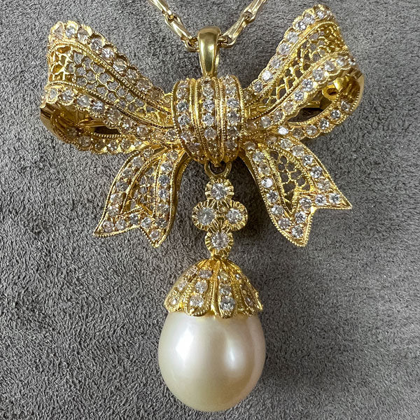 Vintage Diamond & Pearl Drop Bow Pendant - Image 2