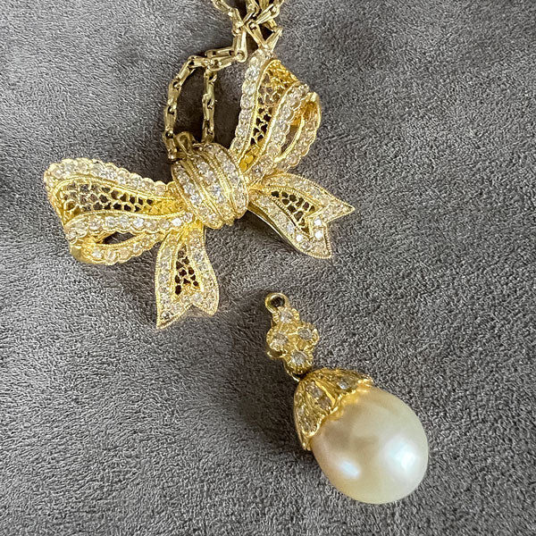 Vintage Diamond & Pearl Drop Bow Pendant - Image 4