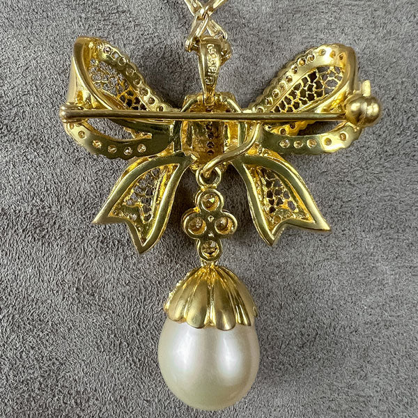 Vintage Diamond & Pearl Drop Bow Pendant - Image 5