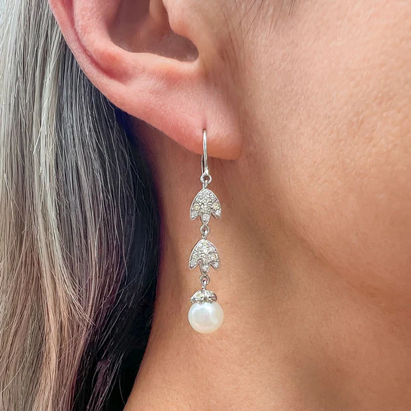 Vintage Diamond & Pearl Drop Earrings - Image 2