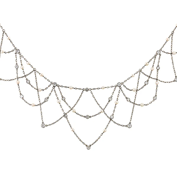 Vintage Diamond & Pearl Festoon Necklace - Image 3