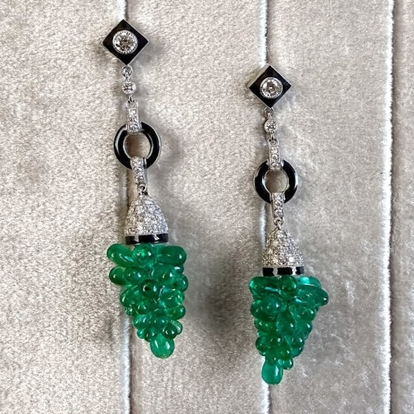 Vintage Emerald Bead, Diamond & Black Enamel Earrings