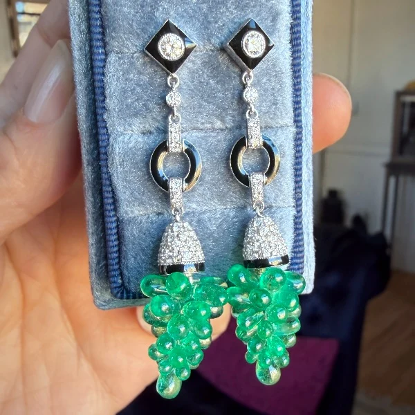 Vintage Emerald Bead, Diamond & Black Enamel Earrings - Image 2