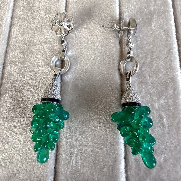 Vintage Emerald Bead, Diamond & Black Enamel Earrings - Image 3
