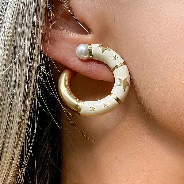 Vintage Enamel & Pearl Clip Earrings - Image 2
