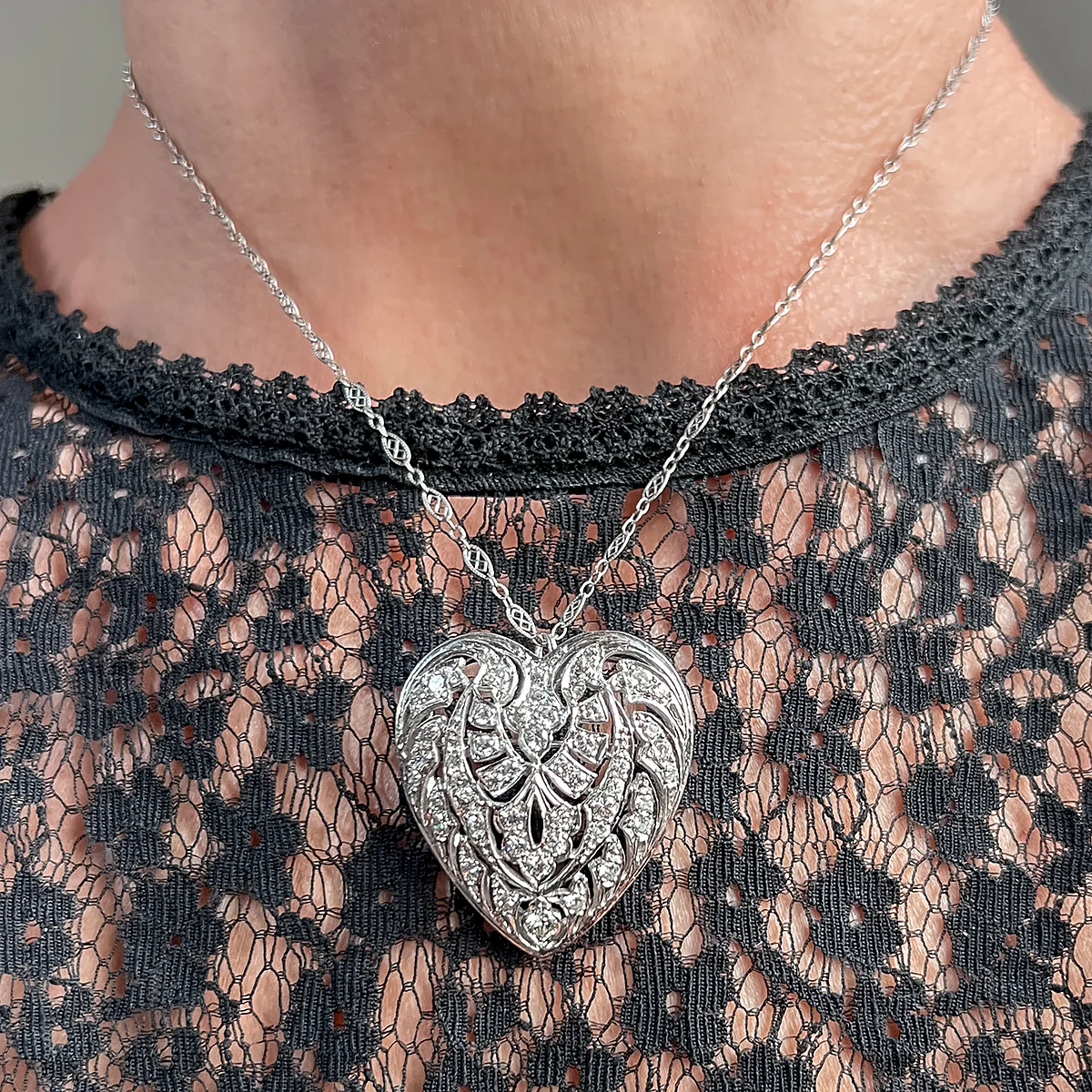 Vintage Filigree Diamond Heart Brooch/Pendant