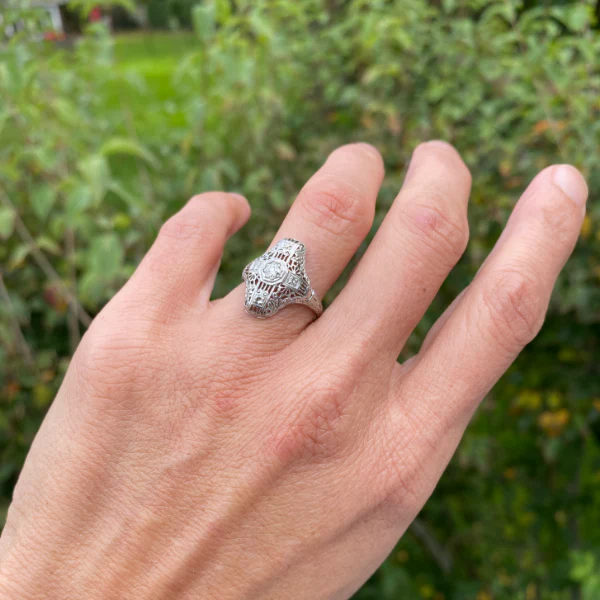 Art Deco Filigree Engagement Ring, Old Euro 0.15ct - Image 5