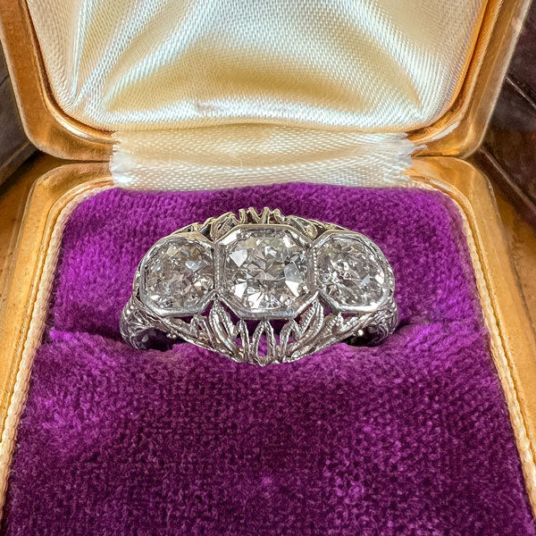 Vintage Filigree Three Stone Engagement Ring, Old Euro 0.35ct.
