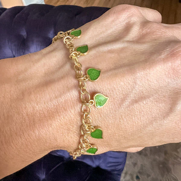 Vintage Green Enamel Heart Charm Bracelet - Image 2