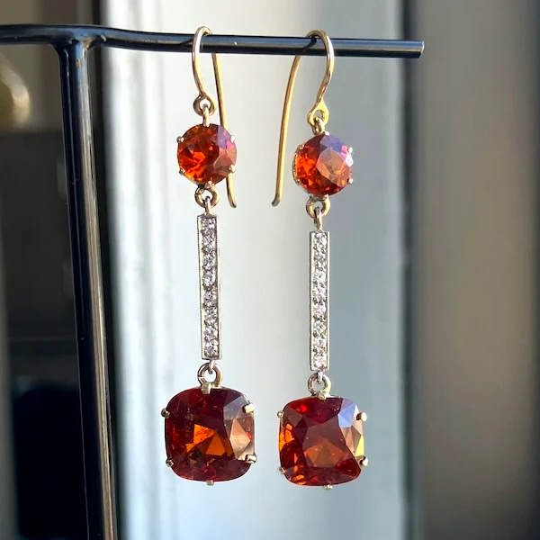 Vintage Hessonite & Diamond Drop Earrings
