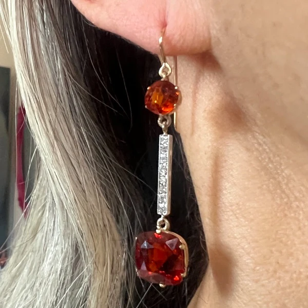 Vintage Hessonite & Diamond Drop Earrings - Image 2