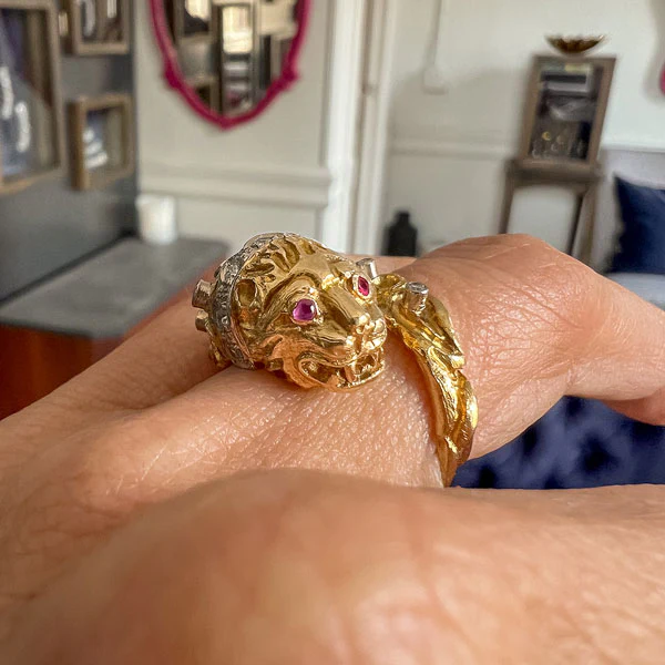 Vintage Lion Ruby & Diamond Bypass Ring - Image 2