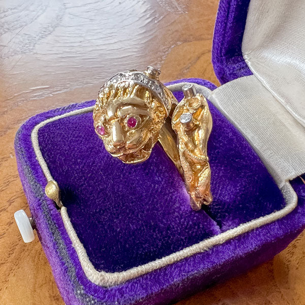 Vintage Lion Ruby & Diamond Bypass Ring - Image 3