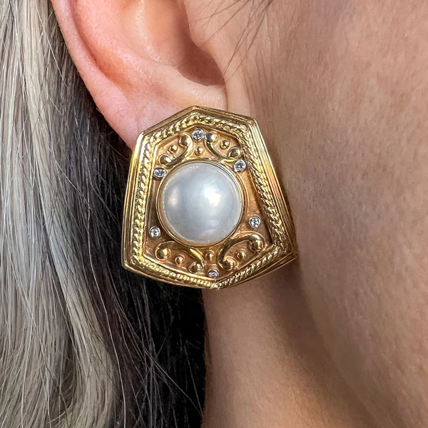 Vintage Mabe Pearl & Diamond Earrings