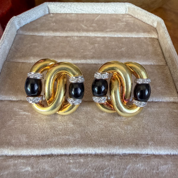 Vintage Onyx & Diamond Double Link Clip Earrings