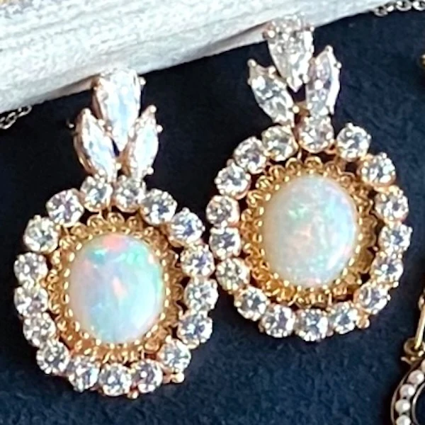 Vintage Opal & Diamond Drop Earrings - Image 3