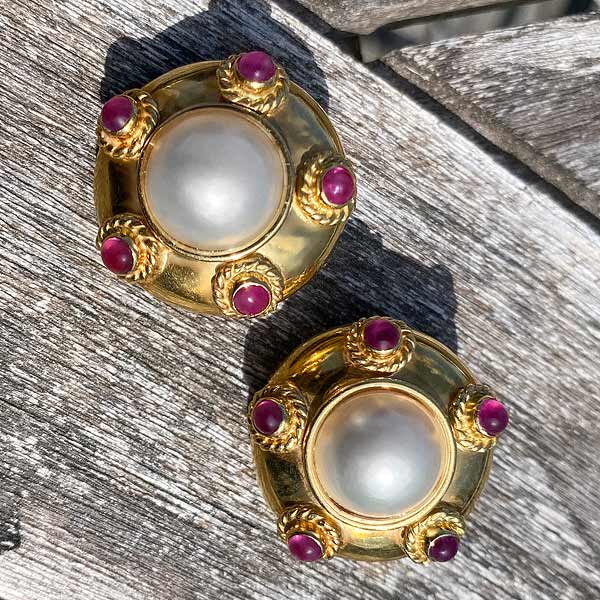 Vintage Pearl & Ruby Button Earrings - Image 2