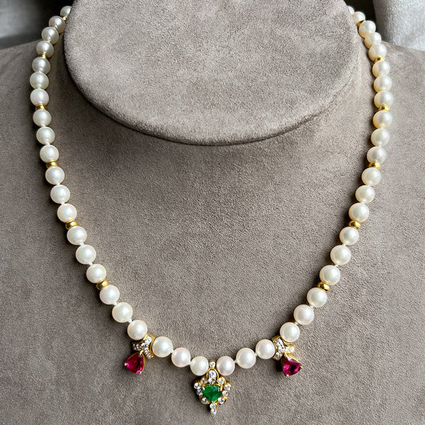 Vintage Pearl, Ruby, Emerald & Diamond Necklace - Image 2