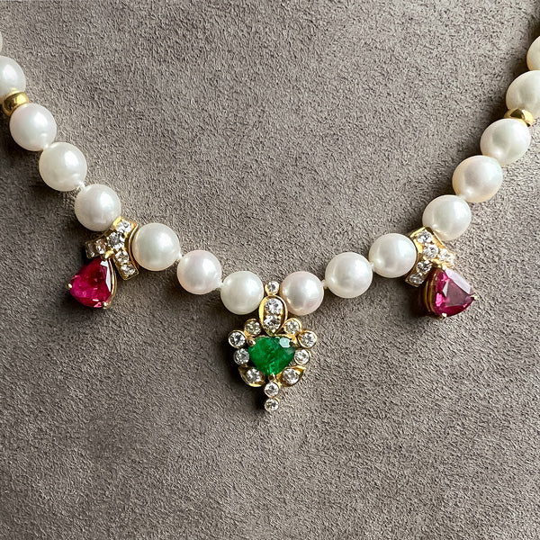 Vintage Pearl, Ruby, Emerald & Diamond Necklace - Image 3