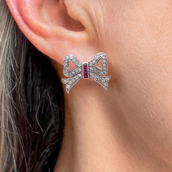 Vintage Ruby & Diamond Bow Earrings - Image 2